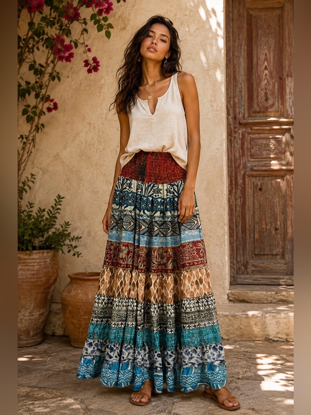 Boho Patchwork Tiered Maxi Skirt in Multi-Color